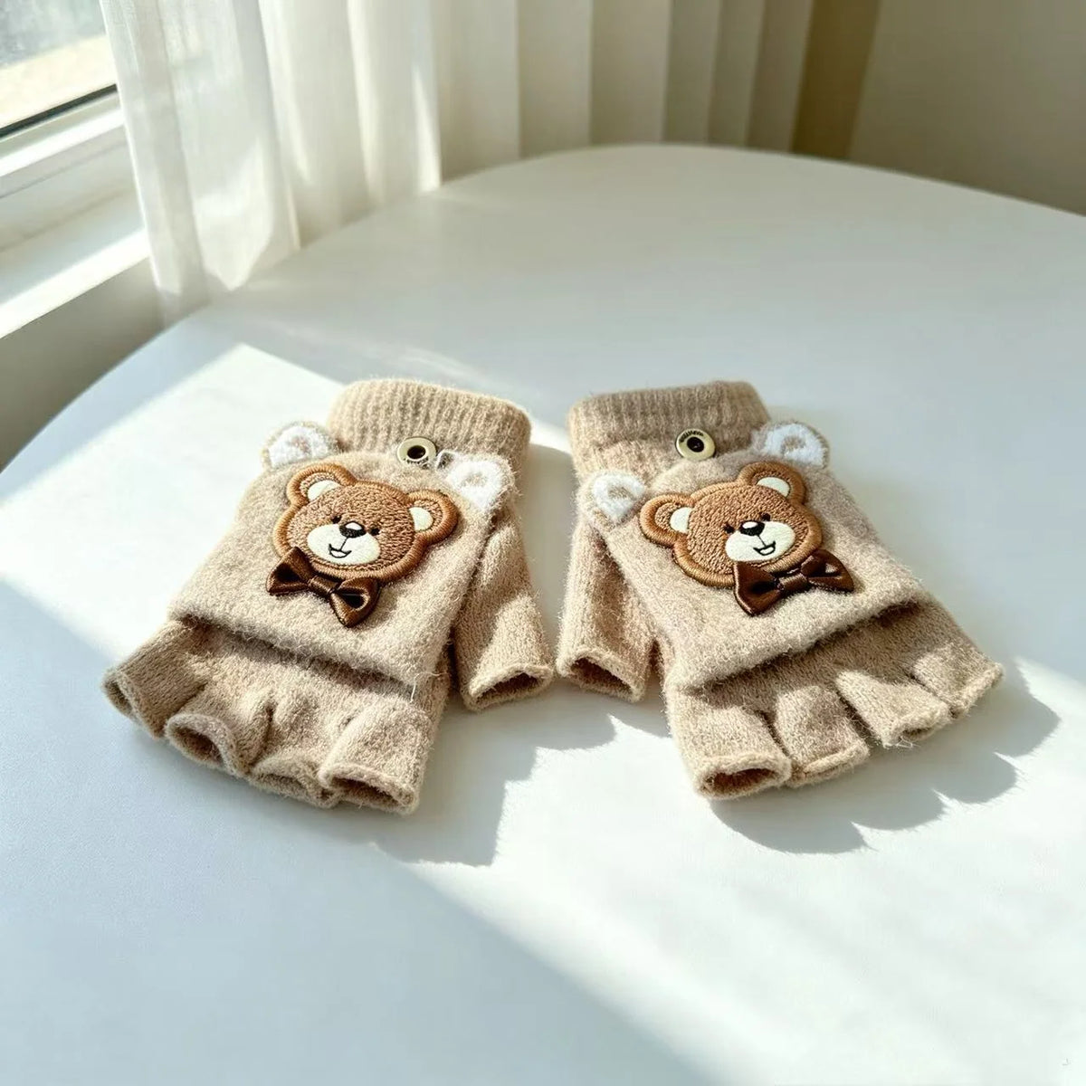 Fingerless Gloves Soft Fabric Bear Print Touchscreen-Friendly