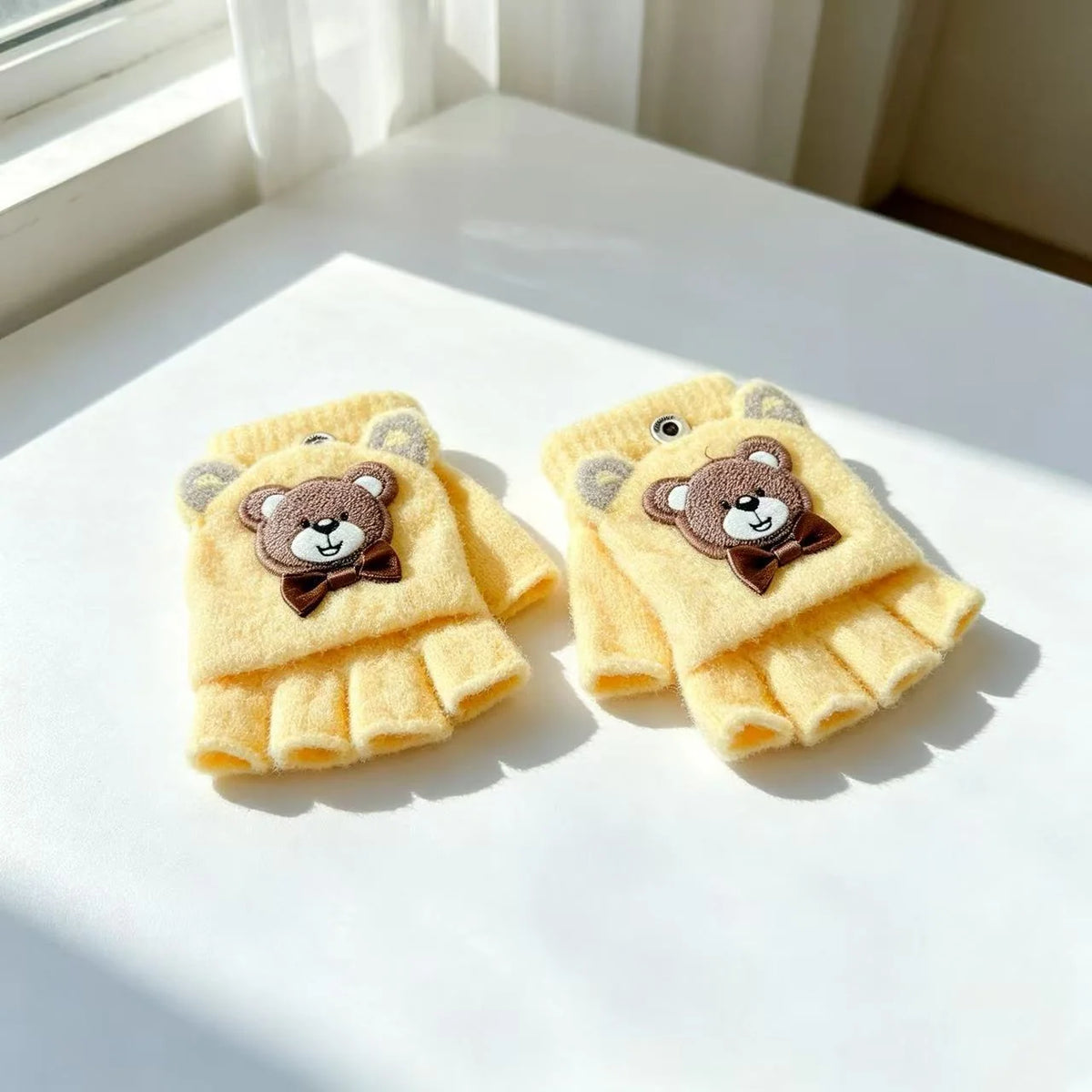 Fingerless Gloves Soft Fabric Bear Print Touchscreen-Friendly