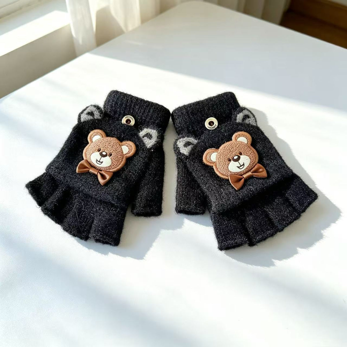 Fingerless Gloves Soft Fabric Bear Print Touchscreen-Friendly