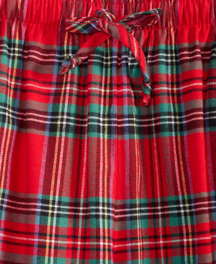 Flannel Pajama Set Plaid Button-Front Drawstring Waist & Side Pockets