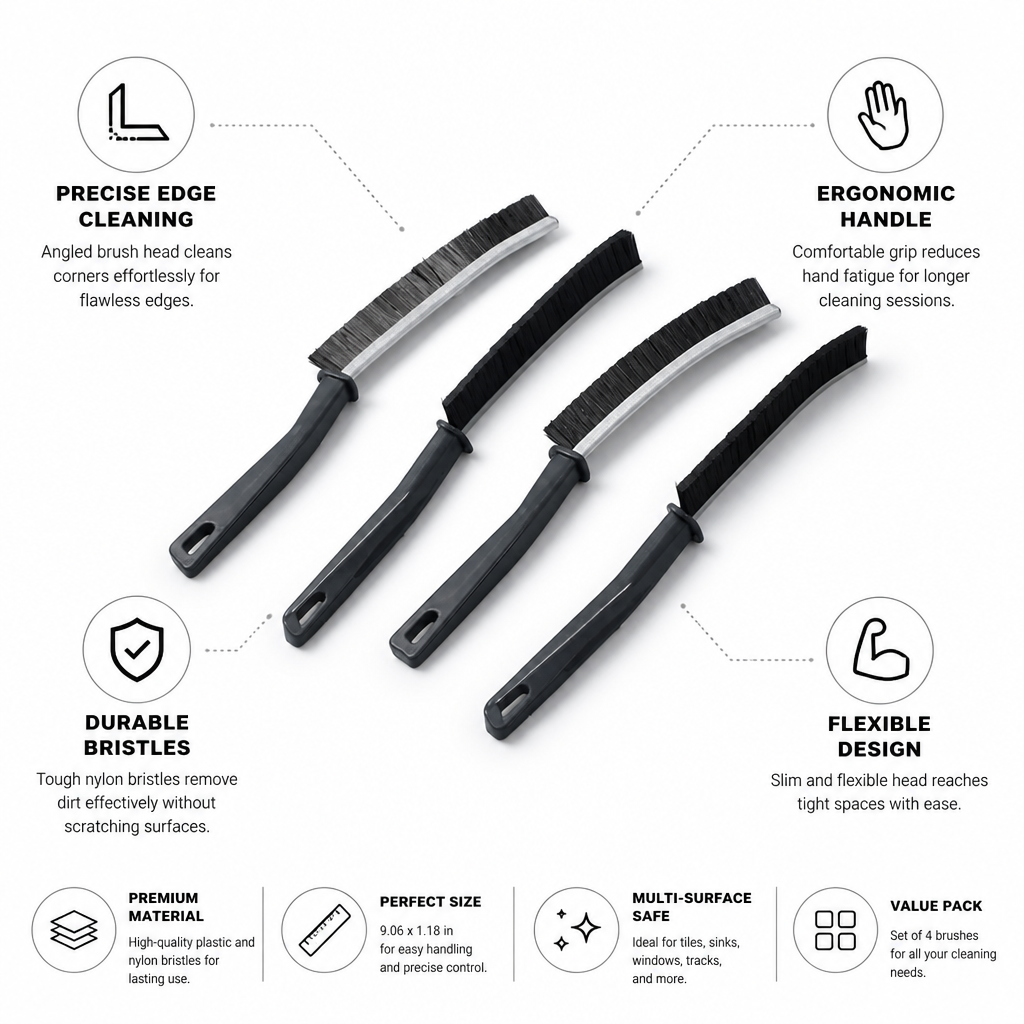 Flexible Angled Nylon Bristle Corner Cleaning Brushes (Set of 4)