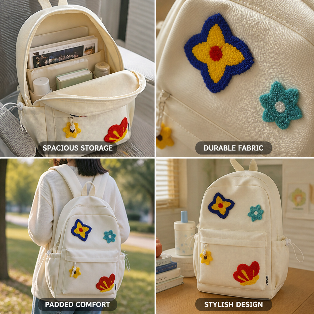 Floral Embroidered Durable Fabric & Padded Straps School Backpack