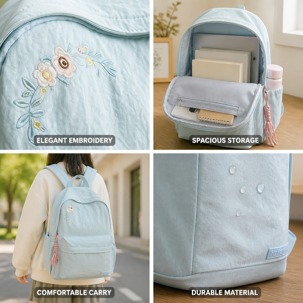 Floral Embroidered Multi-Pocket School Backpack