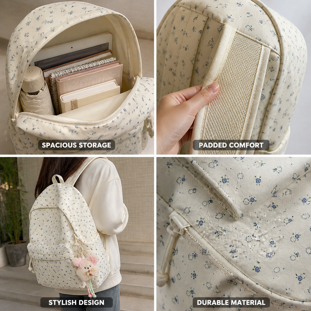 Floral Print Multi-Pocket School Backpack (Padded Straps)