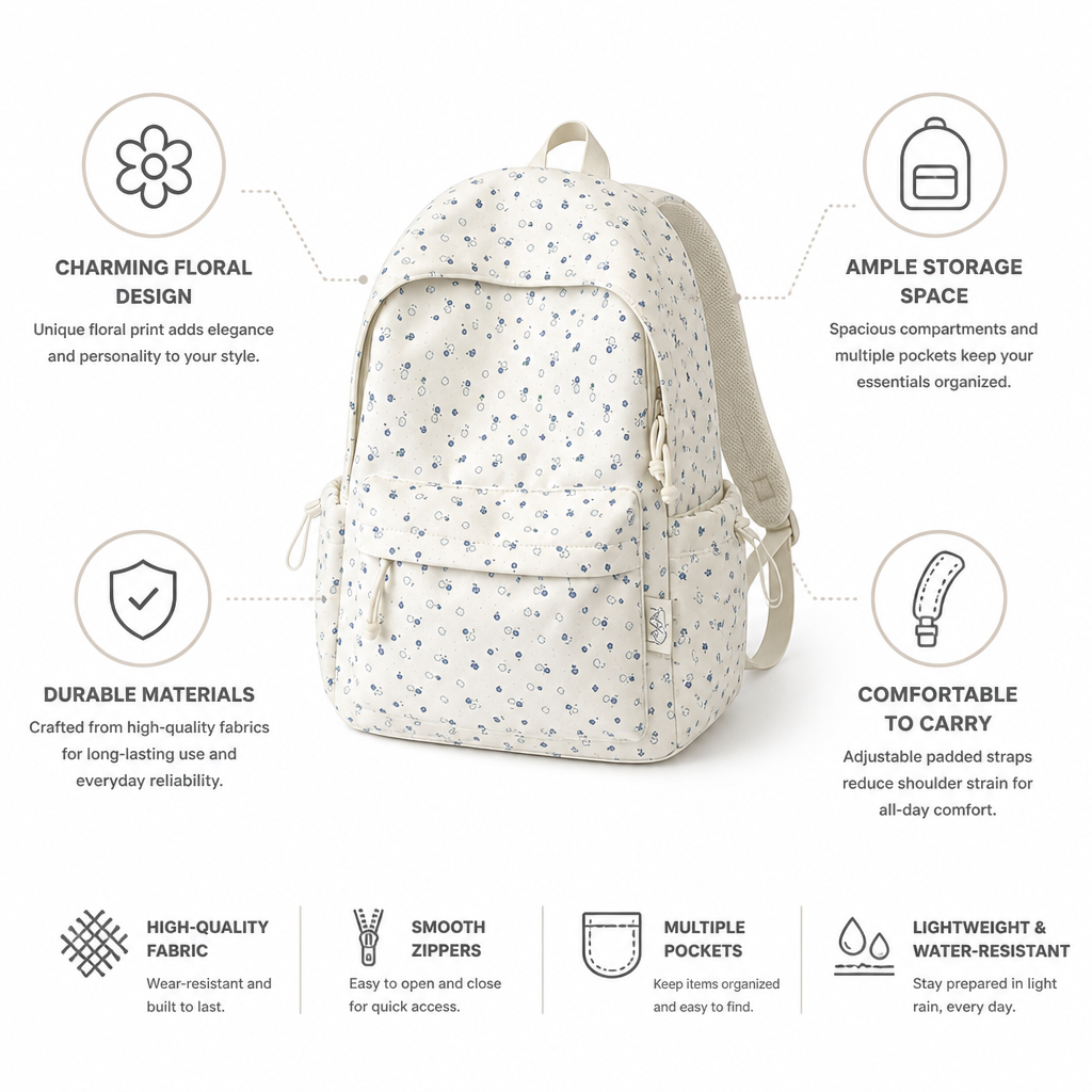 Floral Print Multi-Pocket School Backpack (Padded Straps)
