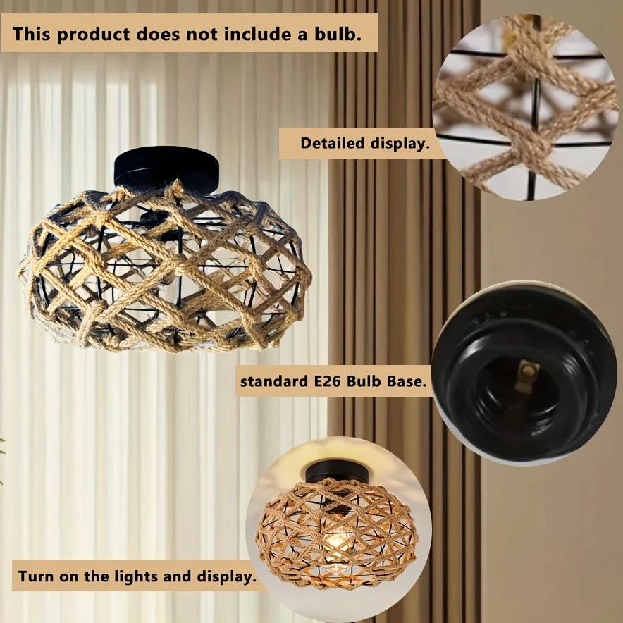 Flush Ceiling Light Handwoven Hemp Rope