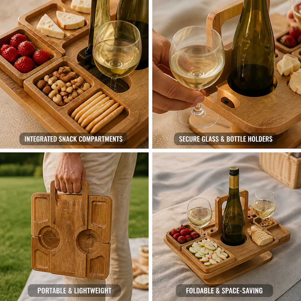 Foldable Acacia Wood Wine Picnic Table (Holds 2 Bottles & Glasses)
