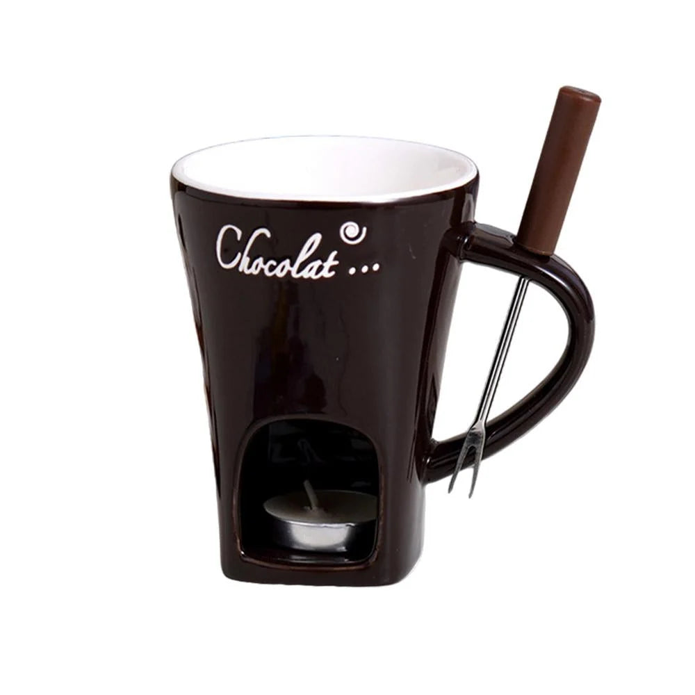 Fondue Mug Ceramic Candle-Heated With Stainless Steel Fork