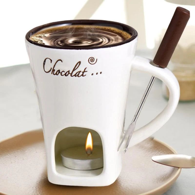 Fondue Mug Ceramic Candle-Heated With Stainless Steel Fork