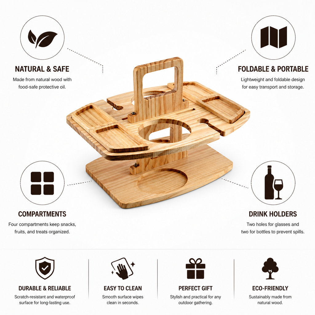 Food-Safe Natural Wood Foldable Picnic Table (With Drink Holders)