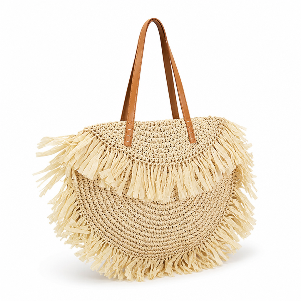Fringed Lightweight Straw Beach Bag With Leather Handles