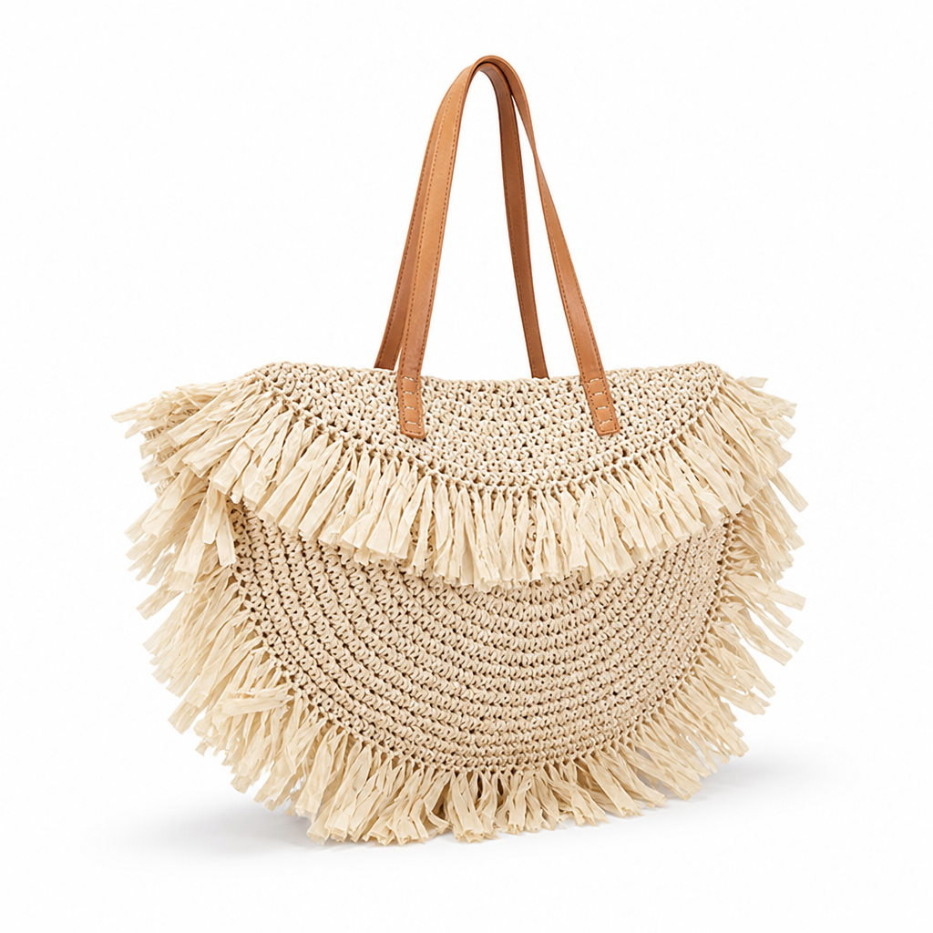 Fringed Lightweight Straw Beach Bag With Leather Handles