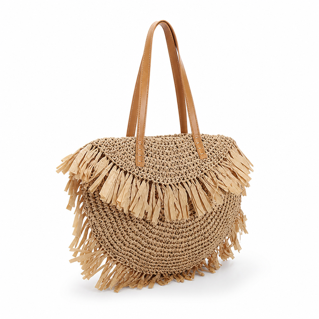 Fringed Lightweight Straw Beach Bag With Leather Handles