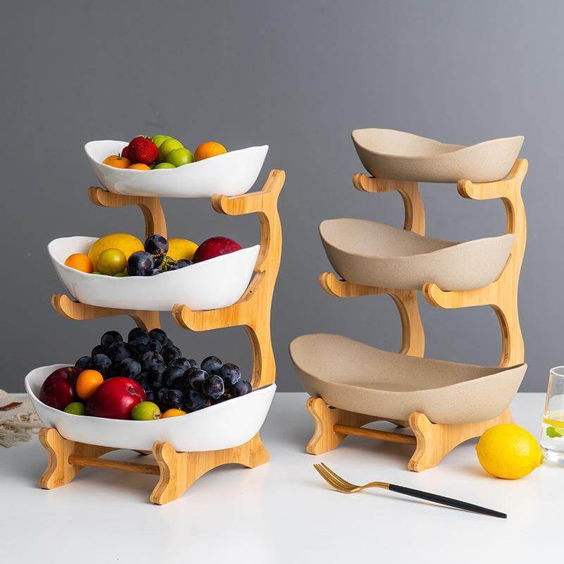 Fruit Serving Stand Tiered Bamboo Support Space-Saving Countertop Display
