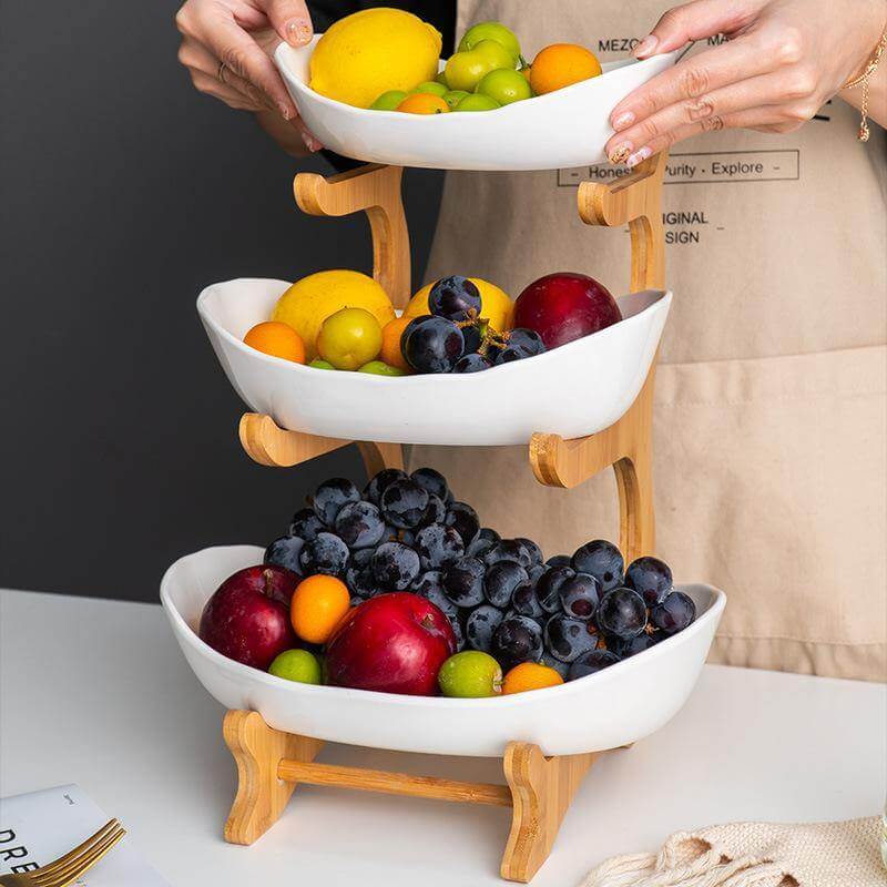 Fruit Serving Stand Tiered Bamboo Support Space-Saving Countertop Display