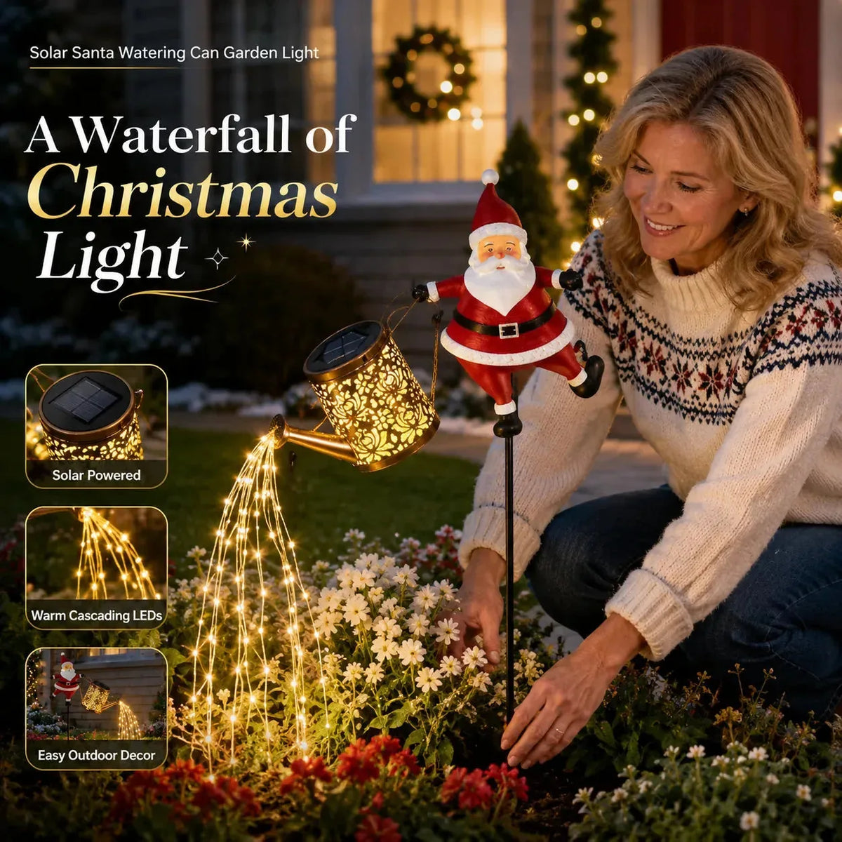 Garden Light Solar-Powered Santa Watering Can Cascading Effect