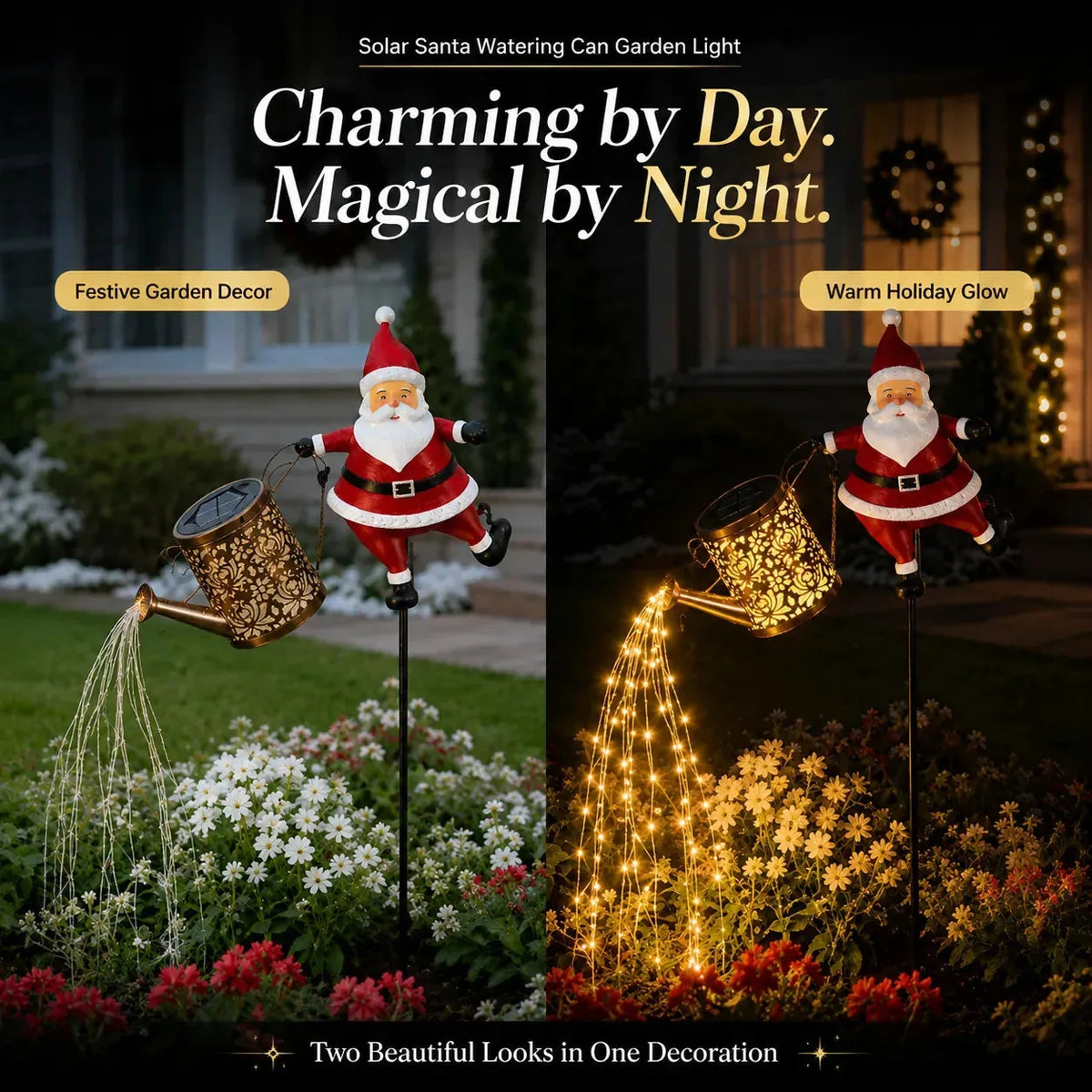 Garden Light Solar-Powered Santa Watering Can Cascading Effect