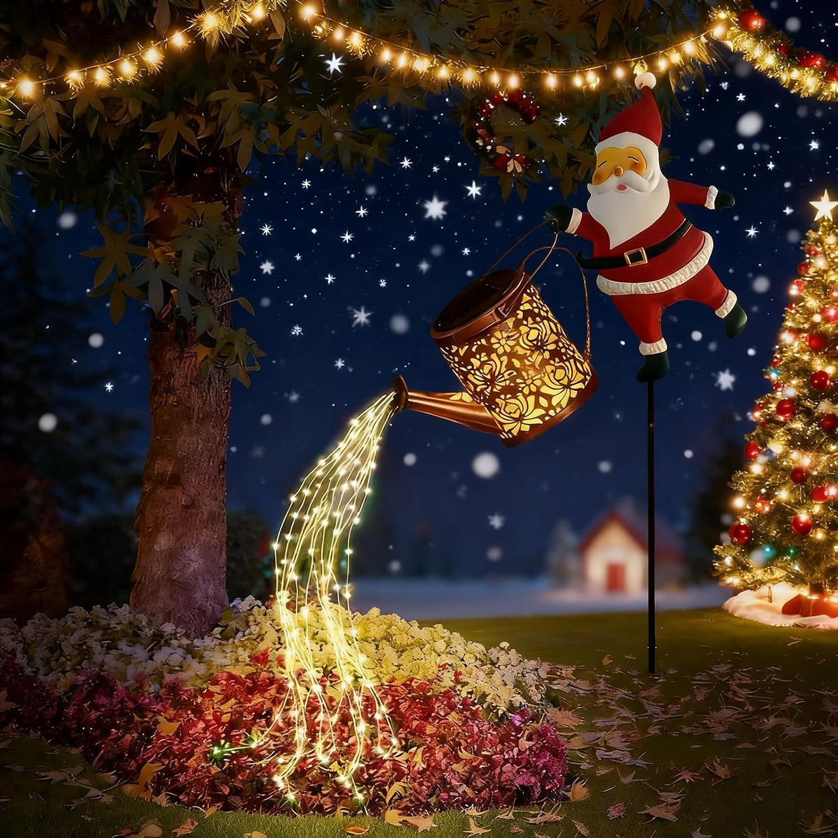 Garden Light Solar-Powered Santa Watering Can Cascading Effect