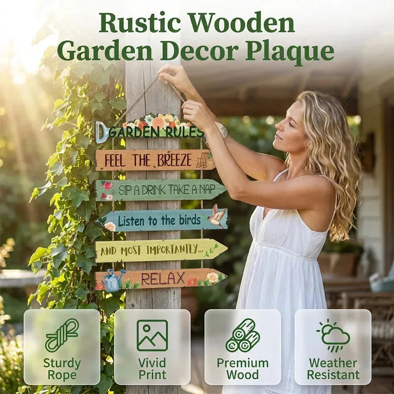 Garden Sign Natural Wood Botanical Artwork With Jute Rope