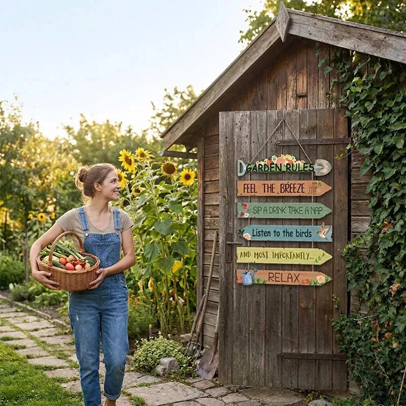 Garden Sign Natural Wood Botanical Artwork With Jute Rope