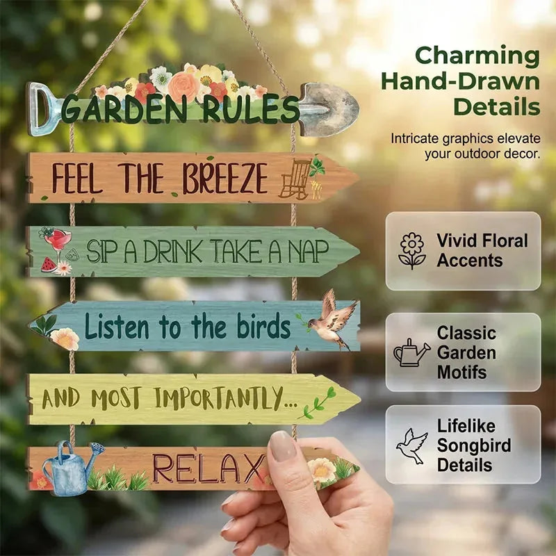 Garden Sign Natural Wood Botanical Artwork With Jute Rope