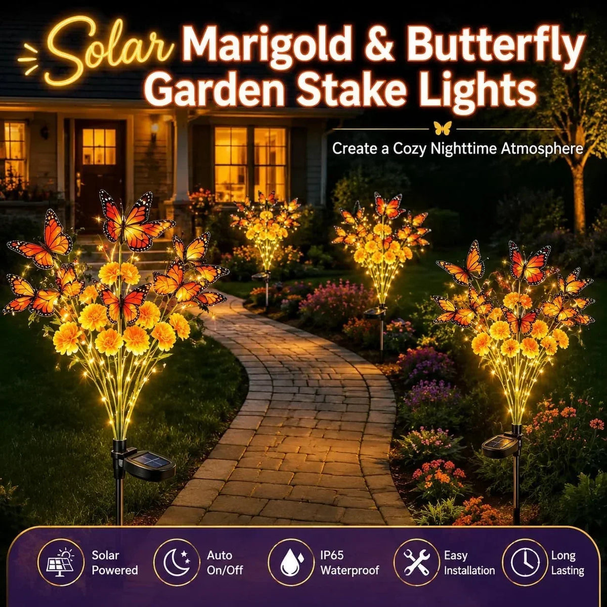 Garden Stake Light Solar-Powered Butterfly & Flower Design