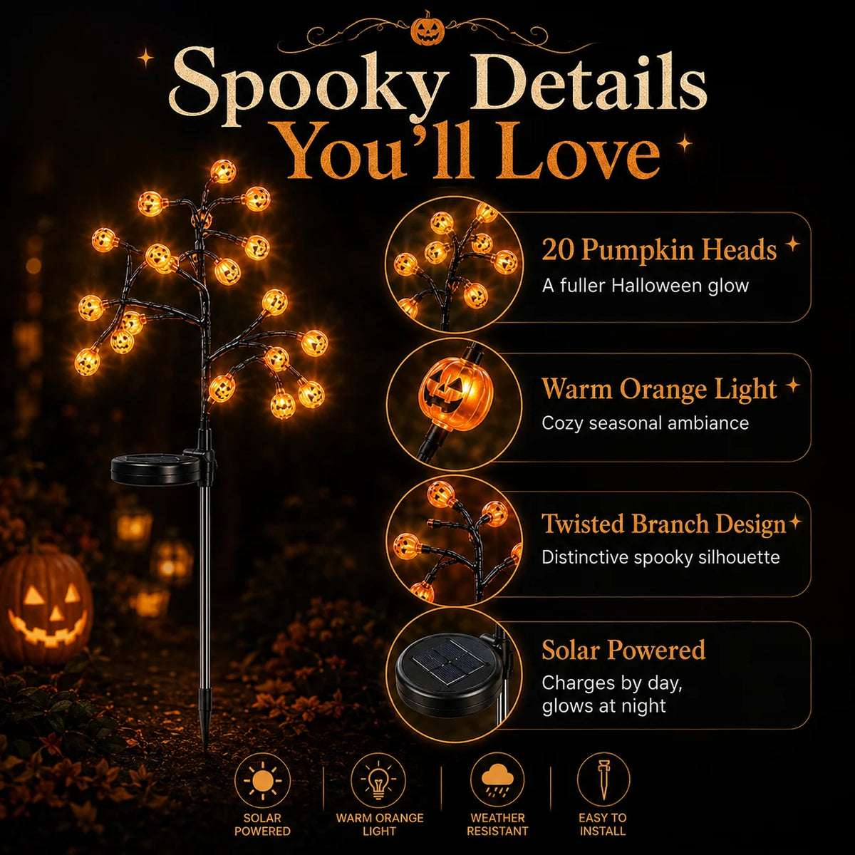 Garden Stake Light Solar-Powered Pumpkin 20 LED 8 Modes