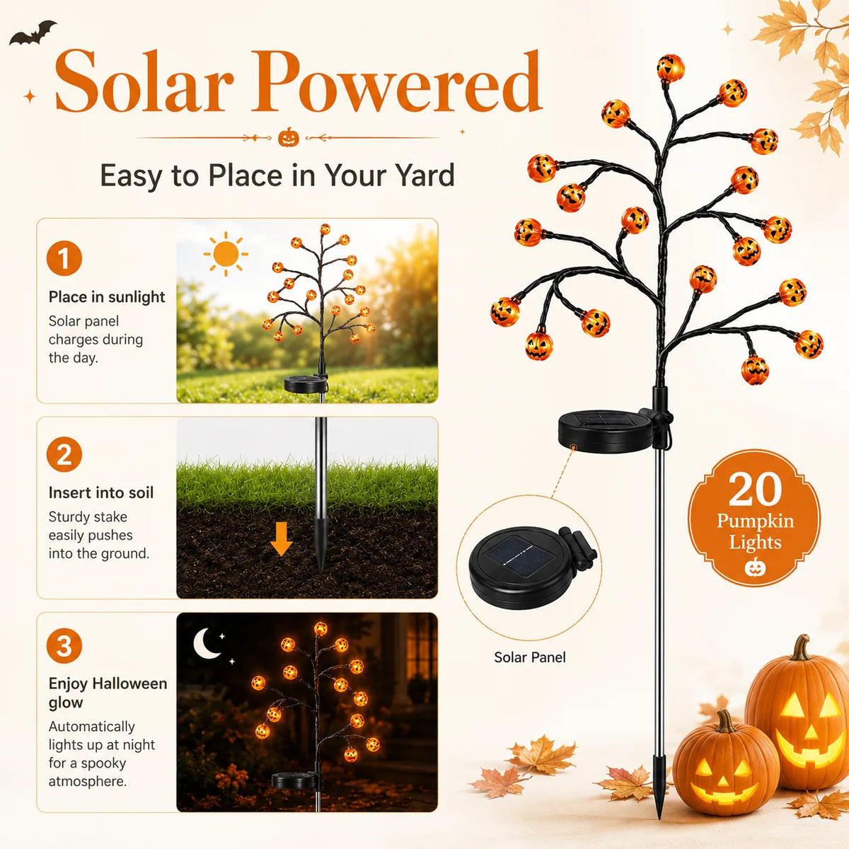 Garden Stake Light Solar-Powered Pumpkin 20 LED 8 Modes