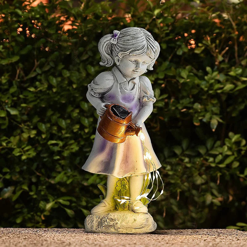Garden Statue Girl With Watering Can Solar-Powered LED Lights