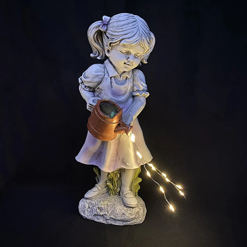 Garden Statue Girl With Watering Can Solar-Powered LED Lights