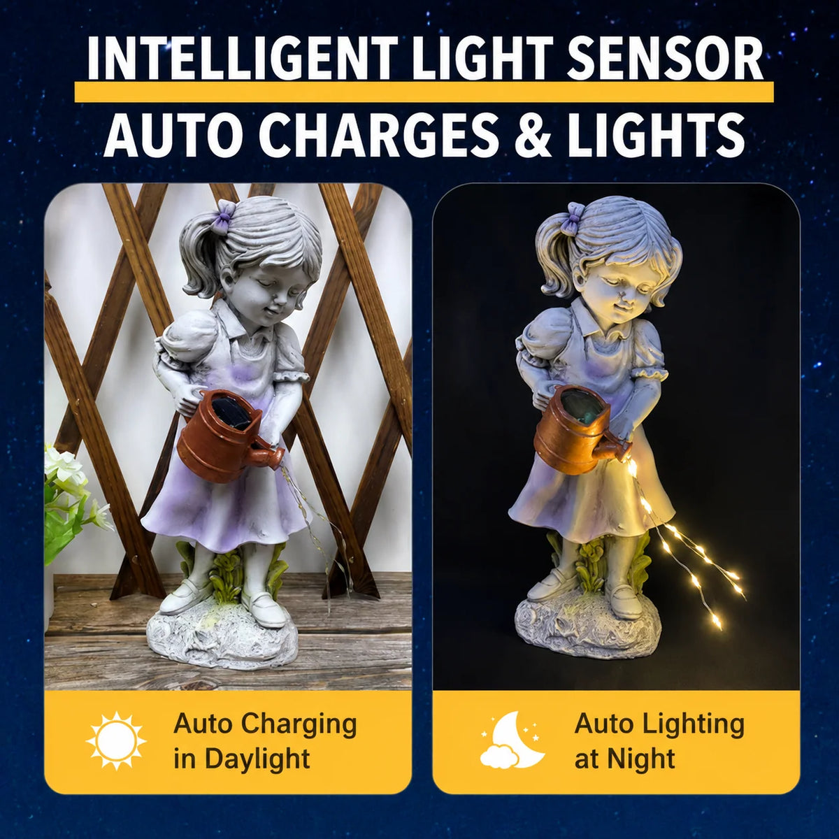 Garden Statue Girl With Watering Can Solar-Powered LED Lights