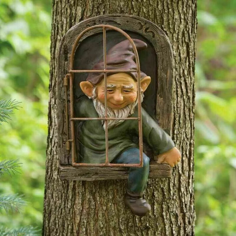 Garden Statue Resin Elf Tree Window Outdoor Décor