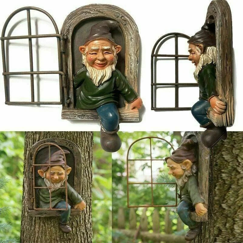 Garden Statue Resin Elf Tree Window Outdoor Décor