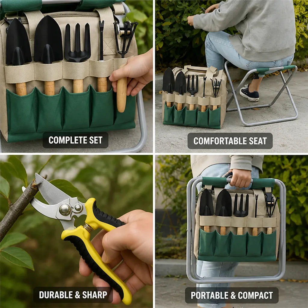Garden Tool Set 8 Piece Stainless Steel Folding Stool
