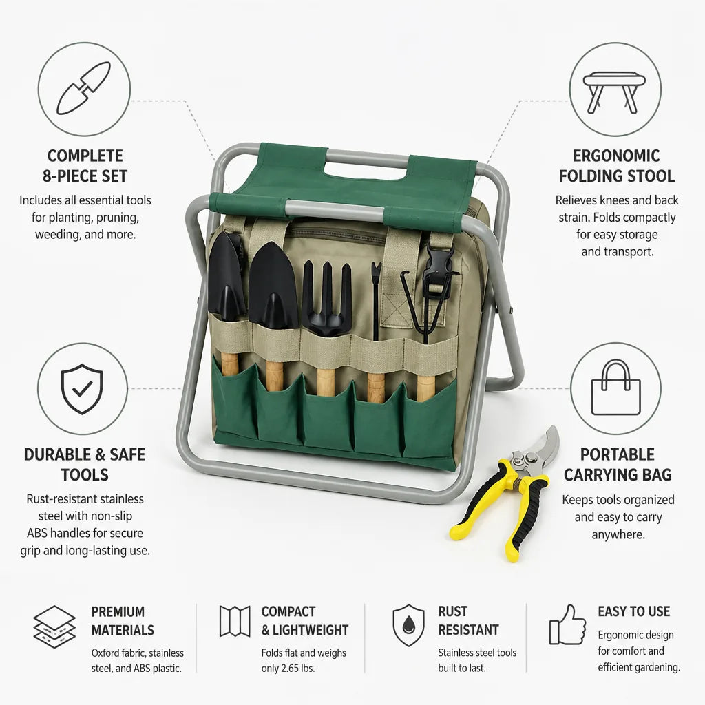 Garden Tool Set 8 Piece Stainless Steel Folding Stool