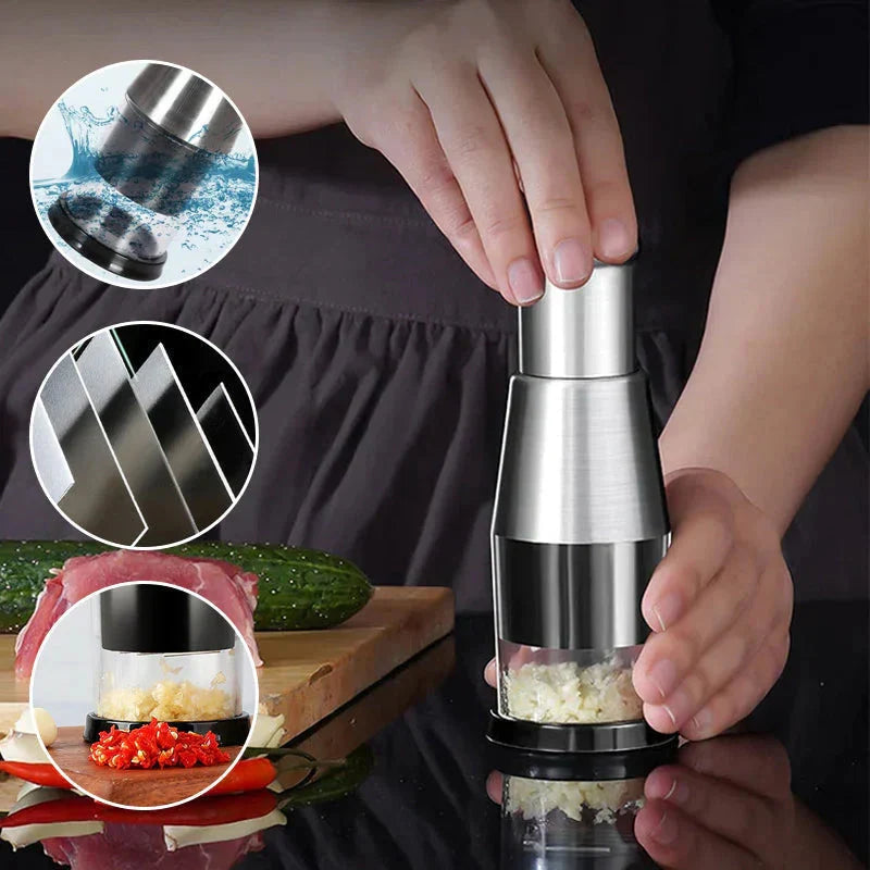 Garlic Chopper Enclosed Chamber Stainless Steel Blades Ergonomic Grip