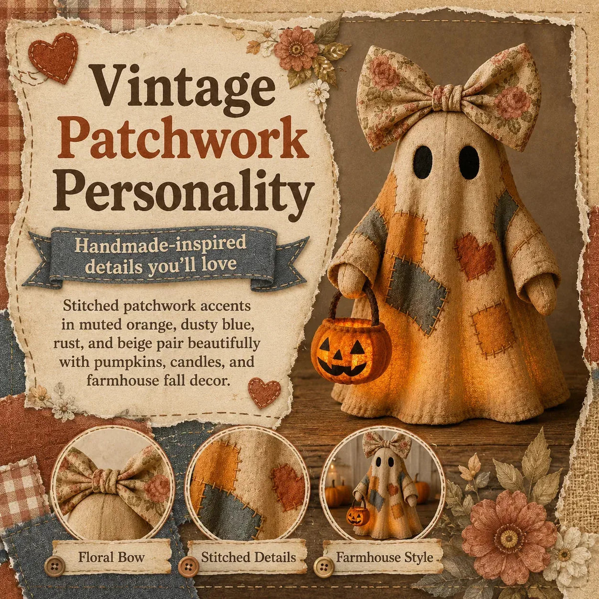 Ghost Decor Patchwork Fabric LED Amber Glow