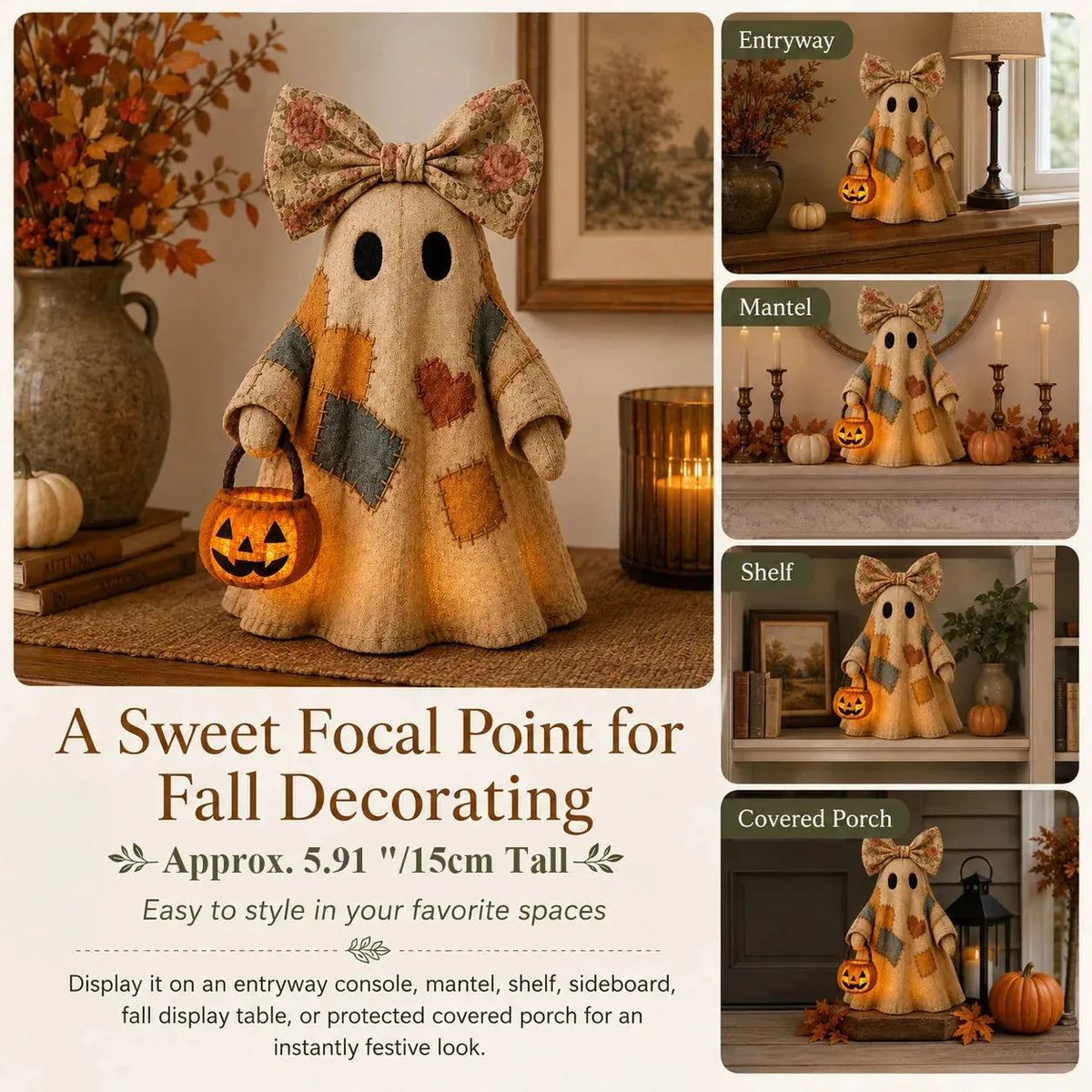 Ghost Decor Patchwork Fabric LED Amber Glow