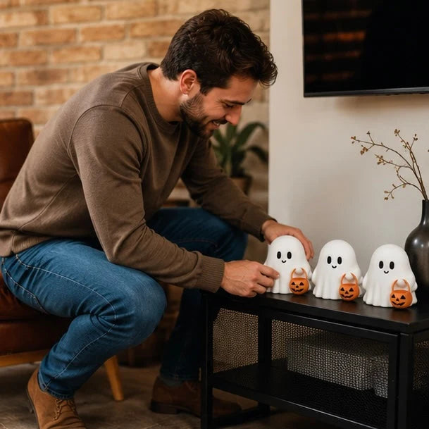 Ghost Figurines Resin Pumpkin Details Set of 3