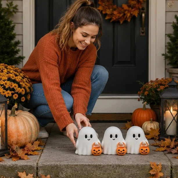 Ghost Figurines Resin Pumpkin Details Set of 3