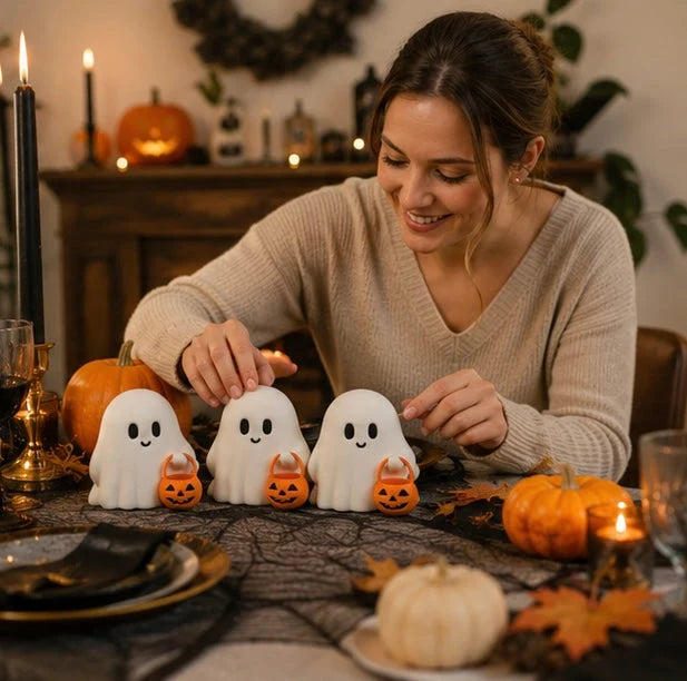 Ghost Figurines Resin Pumpkin Details Set of 3