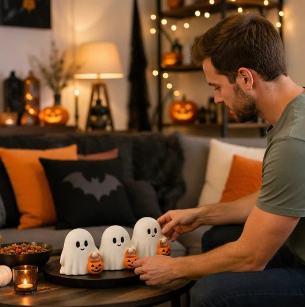 Ghost Figurines Resin Pumpkin Details Set of 3