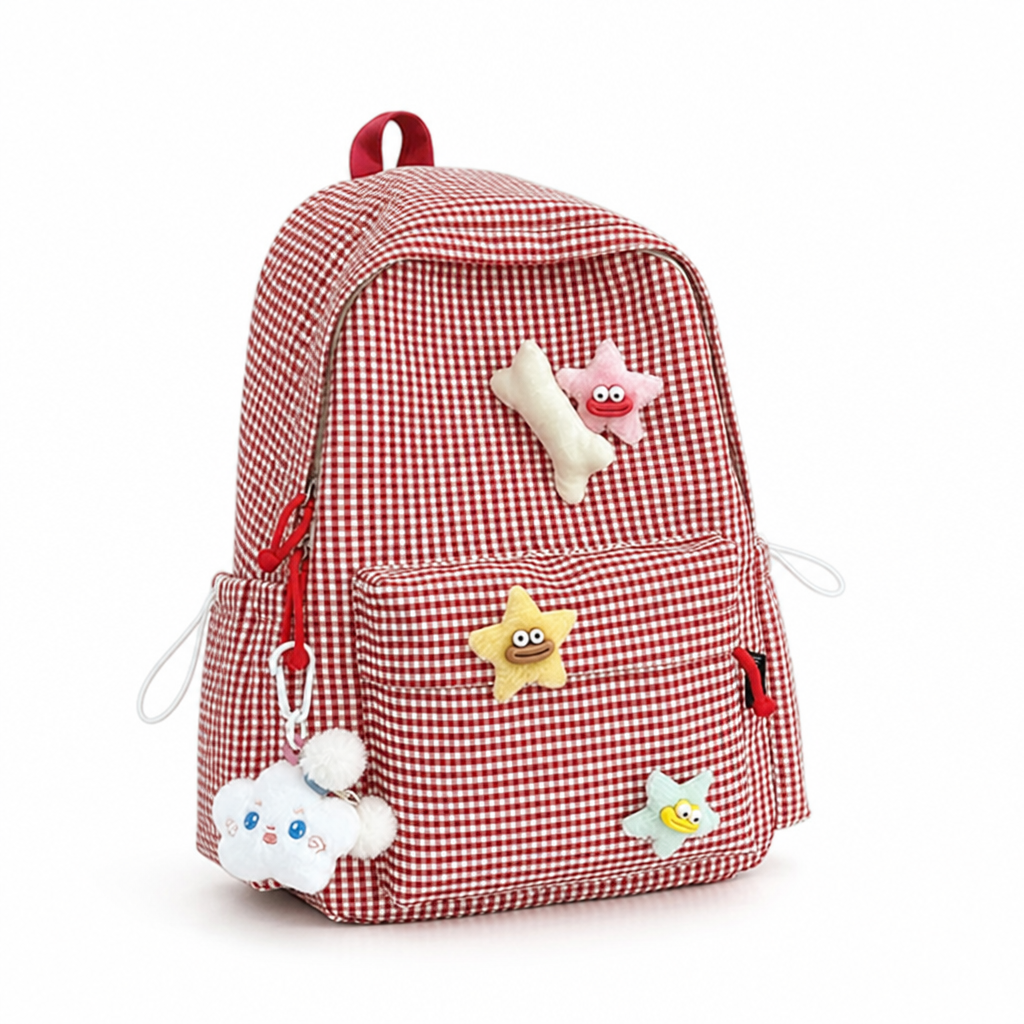 Gingham Print Multi-Pocket Kids Backpack