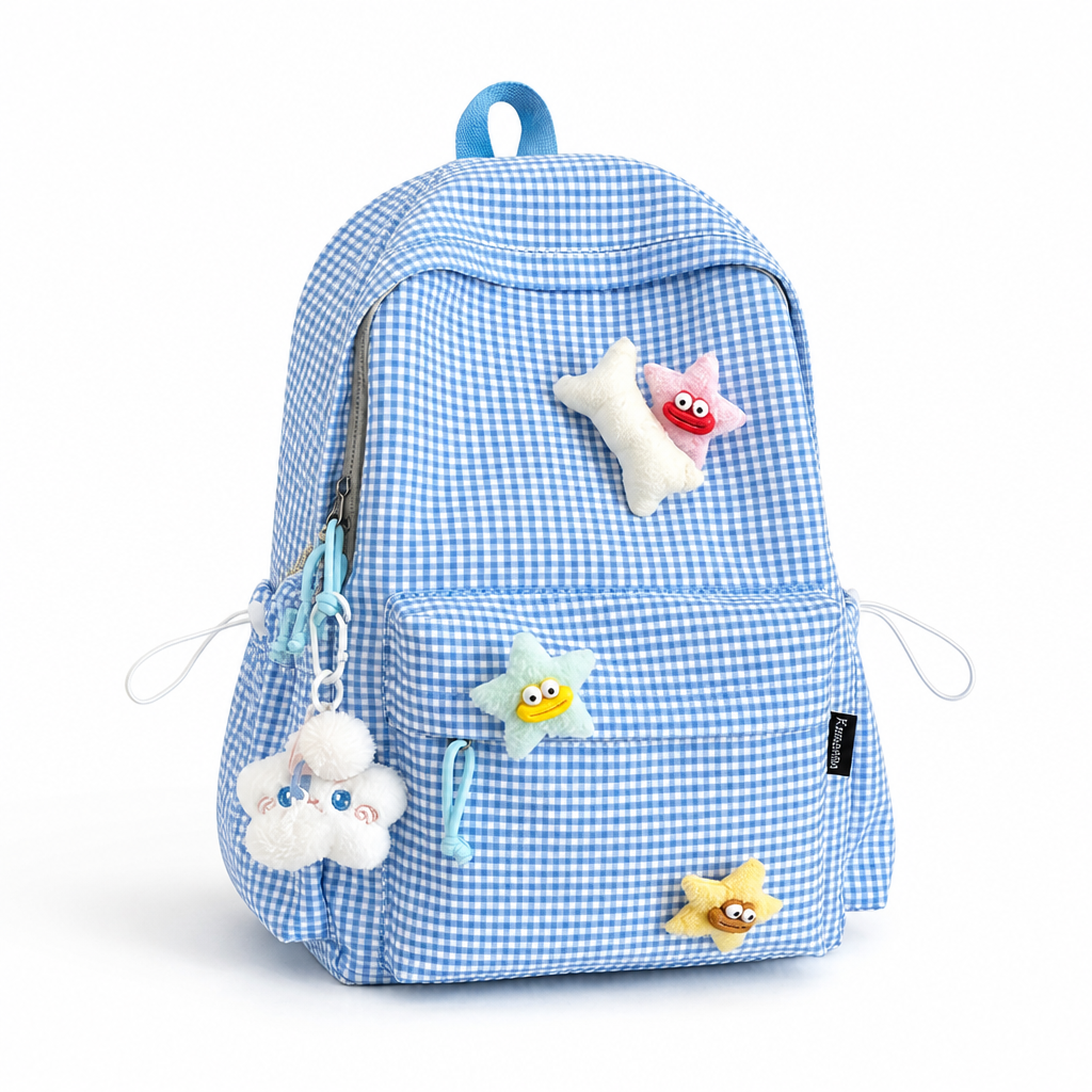 Gingham Print Multi-Pocket Kids Backpack