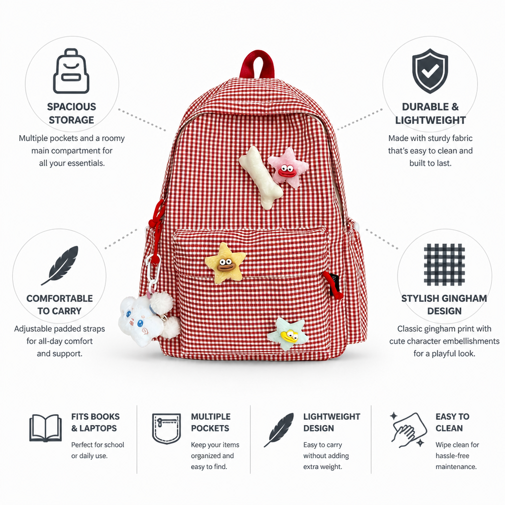 Gingham Print Multi-Pocket Kids Backpack
