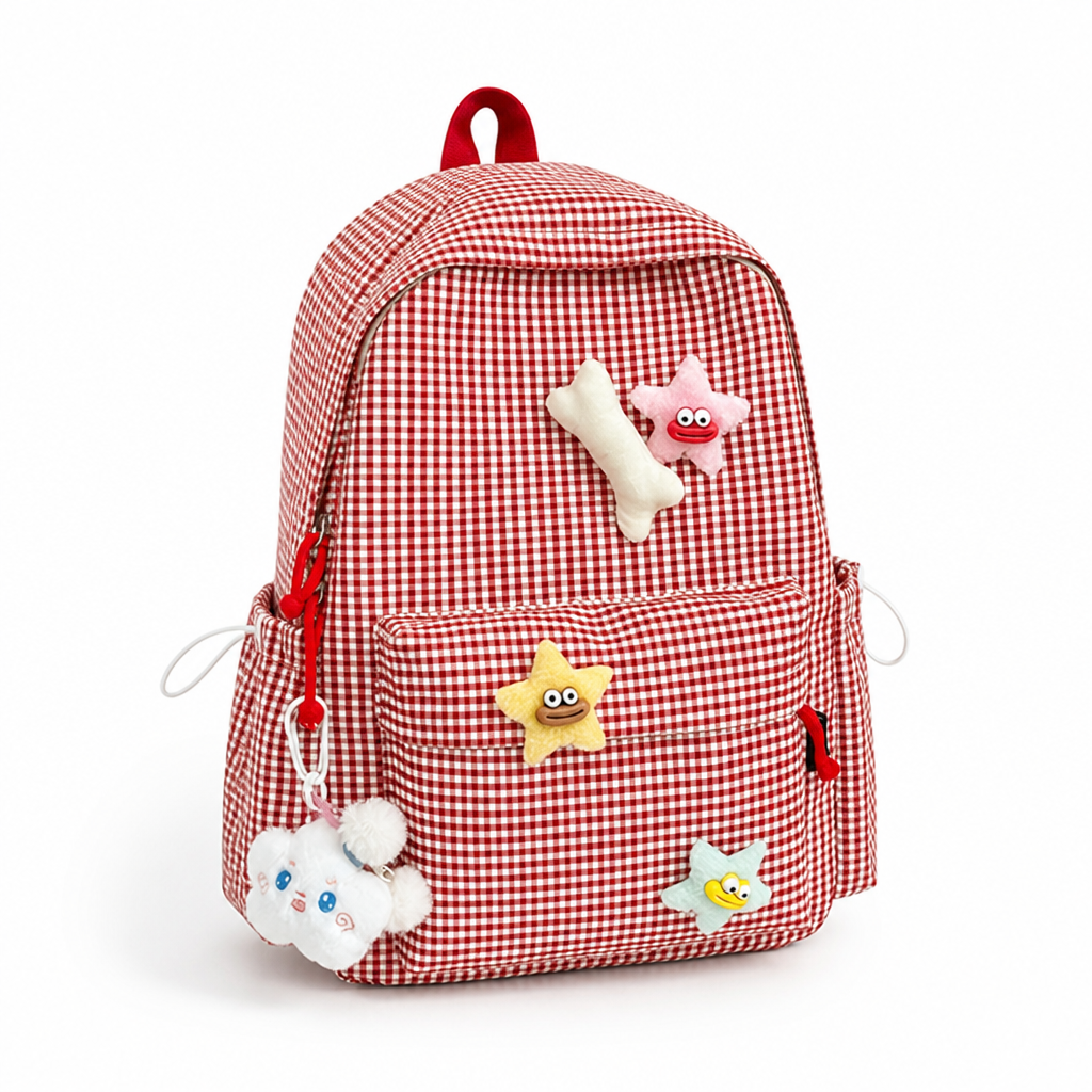 Gingham Print Multi-Pocket Kids Backpack