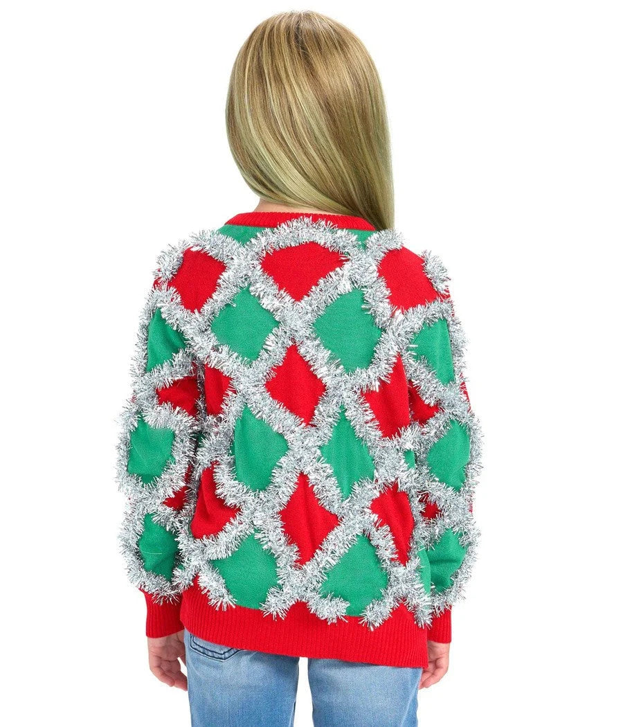Girls Holiday Sweater Acrylic Knit Woven Tinsel Trim