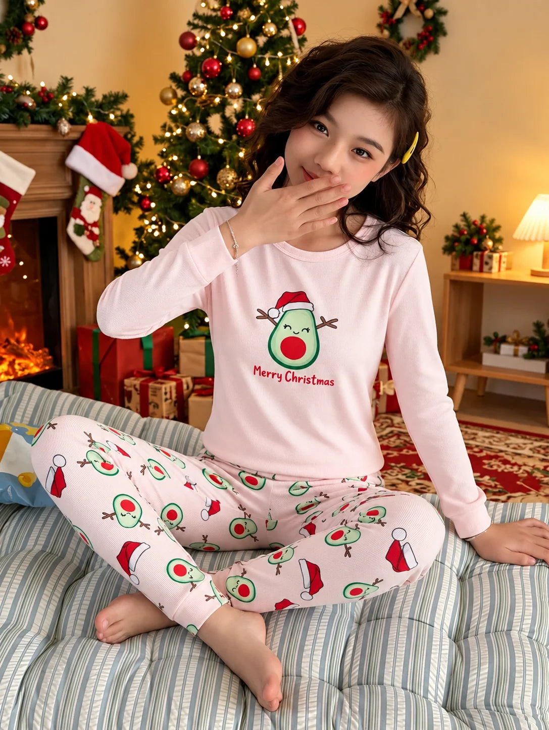 Girls Long-Sleeve Pajama Set Fruit Print & Stretch Knit