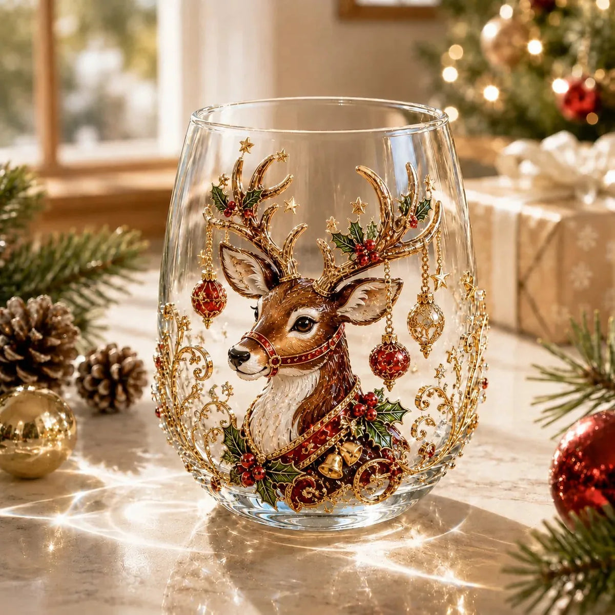 Glass Cup Clear Glass Raised 3D Christmas Design