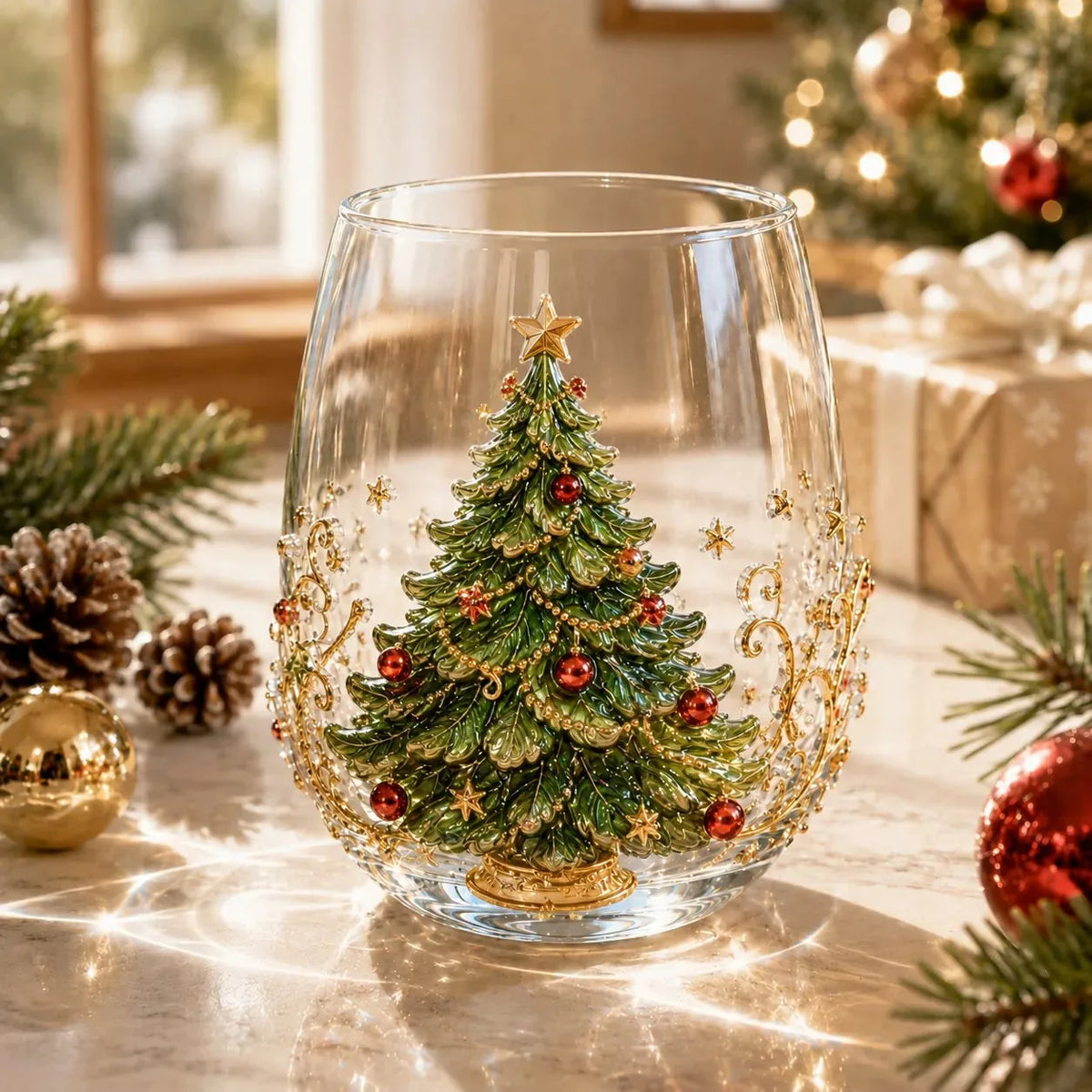 Glass Cup Clear Glass Raised 3D Christmas Design